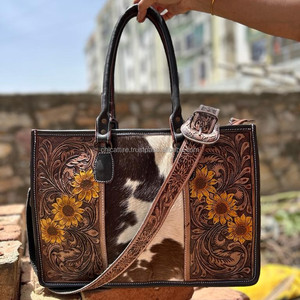 Western Real Hair on Hand Tooled cuero mujer girasol bolso de mano elegante tallado a mano cuero Floral vaquera cartera Combo Set - Product Image 2