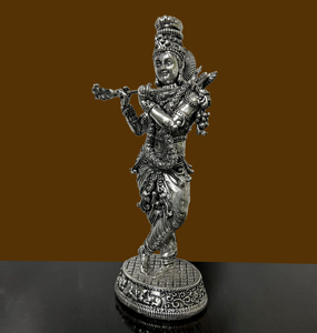 Estatua de Krishna de Latón Hecha a Mano con Acabado Plateado, Tocando la Flauta, Figura de Dios Hindú para Decoración del Hogar - Product Image 2