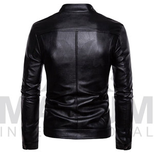 Men's Black Leather Moto <b>Jacket</b> Slim Fit Stand Collar Zipper Closure Regular Length Solid Color Biker Style - Product Image 4