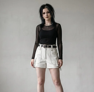 High Waisted <b>Cargo</b> Shorts With Zipper Fly And Pockets Moto Biker Style Women's Canvas Shorts - Product Image 5