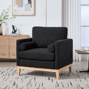 Poltrona Singola Moderna Stile Fattoria da 90 cm con Gambe in Legno Naturale e Base in Legno per Lettura nel Soggiorno - Product Image 3