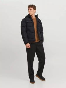 Manteau d'hiver pour homme en laine écologique à col en V et capuche, avec rembourrage en duvet de canard gris, fermeture éclair et boutons – Vente en gros, produit phare - Product Image 6