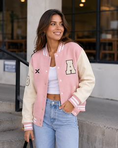 Chaqueta Varsity para Mujer, Color Sólido, Manga Larga, Cuello Camisero, Diseño con Letras Bordadas, para Otoño, ODM, Logotipo Personalizado en la Parte Delantera - Product Image 3