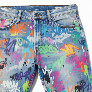 Jeans de Mezclilla para Hombre, Cintura Alta, Corte Recto, con Estampado de Grafiti, Lavado Desgastado, Estilo Urbano, Cierre de Botones, para Verano - Product Image 2