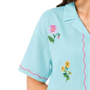 Blusa de algodón azul acuamarina con bordado floral para mujer, de manga corta, con botones, informal, de verano, con cuello, personalizada, a la moda, OEM - Product Image 3