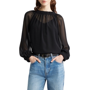 Blusa de Gasa Negra para Mujer, Cuello con Botones, Mangas con Volantes, Corte Regular, Transparente, Informal, Transpirable, 100% Algodón - Product Image 1