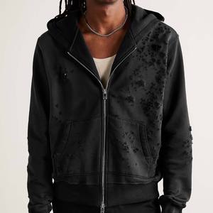 Sudadera con capucha extragrande de invierno para hombre, de mezcla de algodón y poliéster, con forro polar, cremallera completa, térmica, con lavado ácido y efecto desgastado. - Product Image 2