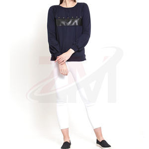 Sudadera de punto informal para mujer, azul marino, con cuello redondo, manga larga, panel de cuero negro y remaches dorados, para otoño - Product Image 4