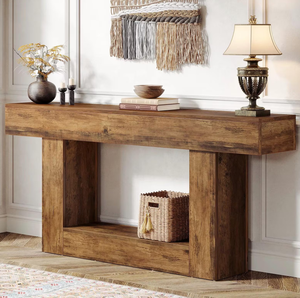 Console contemporaine en bois massif de 140 cm de long, couleur marron, idéale pour la maison, les entrées, les hôtels, les restaurants et les écoles. - Product Image 1