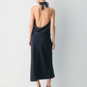 Chemisier sexy pour femme, col licou, sans manches, décolleté plongeant, coupe ample, froncé, brodé, style crop top de bureau pour le printemps - Product Image 4