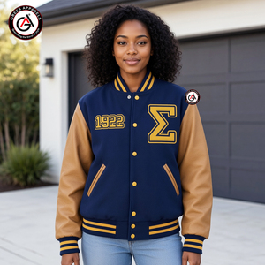 Veste de moto en laine matelassée brodée pour femmes de la sororité Sigma Gamma Rho |   Manche en laine et cuir brodée pour sororité - Product Image 4