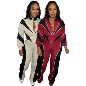 Women's Red Black Color Blocking <b>Tracksuit</b> Full Sleeve Turtleneck Sporty Jogger Set Quick Dry Spandex Polyester Spring Wear - Product Image 4