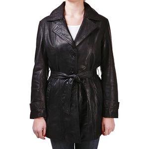 Double breasted long leather trench coat for women with waist belt and front buttons for office or travel - Product Image 1