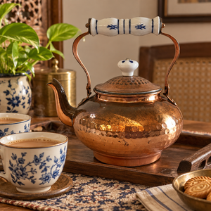 Bouilloire à thé artisanale en cuivre martelé avec poignée en porcelaine bleue peinte, style rétro, pour faire bouillir l'eau, ustensile de thé de designer, vente en gros du fabricant - Product Image 4