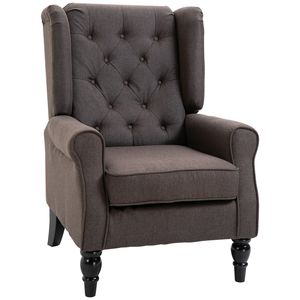 Poltrona Girevole Marrone Scuro con Bottoni Trapuntati, Braccioli Rotondi e Gambe in Legno per Soggiorno, Camera da Letto o Bar - Product Image 1