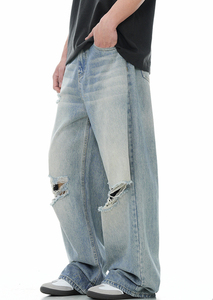 Vaqueros de hombre de pierna ancha, lavado nieve, desgastados, ajuste holgado, vintage, cintura media, pantalones casuales de verano, ecológicos, de secado rápido, 100% - Product Image 4