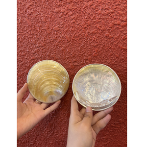 Assiette en nacre jaune naturelle, forme originale, pour servir le caviar lors de réceptions - Product Image 1