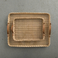 Plateau de service rustique en rotin tressé avec poignées en cuir, plateau de table rectangulaire décoratif, motif fruits, ensemble multi-pièces