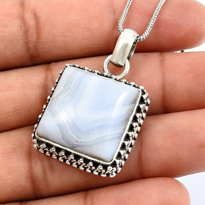 Nouveauté : Pendentif en argent sterling 925 avec agate bleue taillée en carré, serti dans un cadre, bijoux bohèmes pour filles - Product Image 3