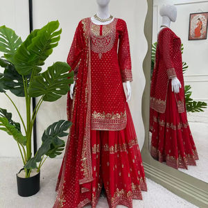 Superbe Ensemble Traditionnel Salwar Kameez en Faux Georgette Brodé à Séchage Rapide avec Haut, Pantalon et Dupatta pour Toutes les Saisons et les Fêtes - Product Image 1