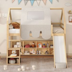 Letto a soppalco in legno a grandezza naturale con struttura a forma di casetta e tenda beige naturale per bambini - Product Image 2