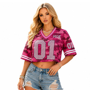 Wholesale Pink Camouflage Women Cropped <b>Top</b> Custom <b>Rhinestone</b> Number American Football Jersey Short Sleeve Summers Crop Tee Y2K - Product Image 4