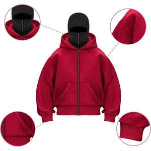 Sudadera con capucha de forro polar roja para hombre con cremallera completa, estilo balaclava, oversize, streetwear, manga larga, servicio 100% OEM - Product Image 1