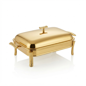 Luxury Rectangular Gold Chafing Dish Buffet Server with Textured Handles and Feet Premium Catering <b>Food</b> <b>Warmer</b> <b>Tray</b> Lid - Product Image 1