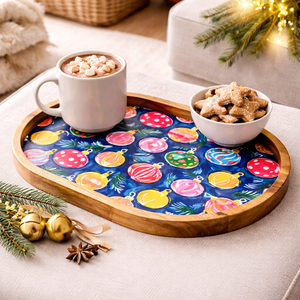 Plateau de service ovale grand format en bois de manguier émaillé, fait main, avec motif cloche, pour snacks et fruits secs, idéal pour la maison et la restauration. - Product Image 3