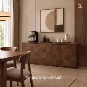 Buffet moderne en bois de noyer brun avec portes à marqueterie géométrique, meuble de rangement de luxe pour salle à manger, credenza - Product Image 1