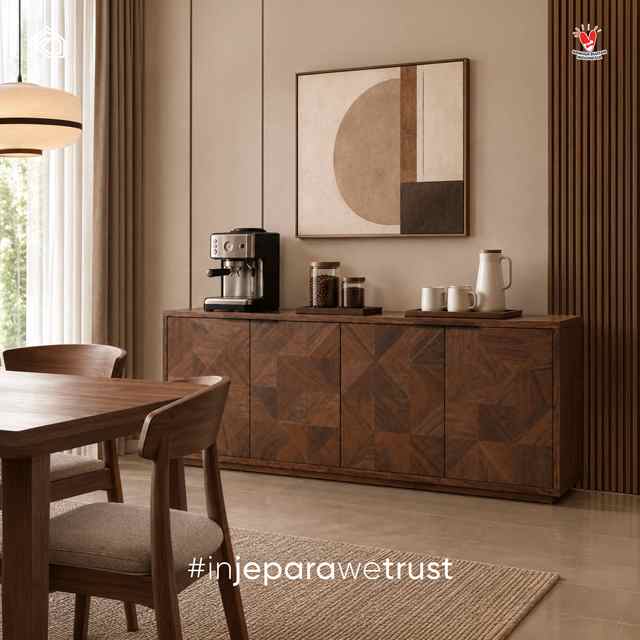Modern Brown Walnut Wood Sideboard with Geometric Marquetry Doors Luxury Dining Room Storage Cabinet Credenza Furniture