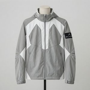 <b>Men</b> Gray <b>White</b> Hooded Windbreaker <b>Jacket</b> Geometric Panel Full Zip Lightweight Outdoor Sports <b>Jacket</b> - Product Image 1