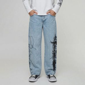 Jean droit délavé pour homme – Qualité supérieure, streetwear, impression personnalisée, coupe décontractée, taille mi-haute - Product Image 1