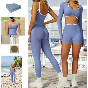 Ensemble de vêtements de sport pour homme en cinq pièces, bleu, soutien-gorge de sport extensible, haut court à manches longues, shorts, vêtements de fitness décontractés, coupe ajustée, taille élastique - Product Image 3