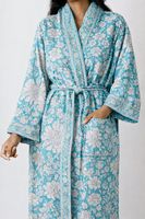 Peignoir de bain en coton gaufré compressé, imprimé à la main, écologique, antimicrobien, à motif floral, style kimono long, pour femme