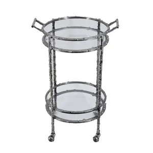 Chariot roulant rond en métal avec étagères en verre, motif végétal vintage, support utilitaire durable pour les fêtes - Product Image 4
