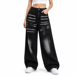 Jean large taille mi-haute délavé et respirant pour femme, coupe décontractée en denim, style streetwear, en coton, pantalon de printemps OEM ODM - Product Image 6
