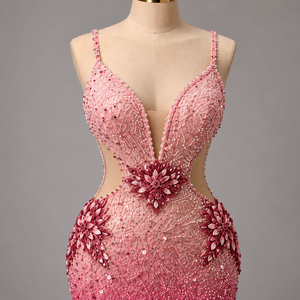 Pink Floral Crystal <b>Sequin</b> Embellished Evening Sleeveless Deep V Neck Bodycon Mini Natural Waistline Party Cocktail Gown - Product Image 2