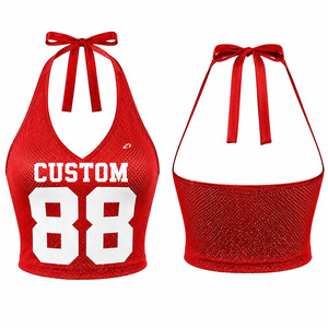 Women Halter American Football Jersey Mesh Deep V Neck Slim Fit Number Print Streetwear <b>Top</b> OEM ODM Wholesale - Product Image 4