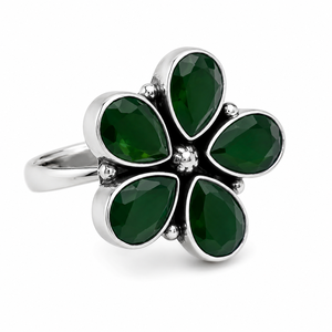 Fabricant Vérifié, Anneaux en Laiton Plaqué Argent Antique avec Zircon Vert Naturel 3A, Forme de Fleur Classique, Pierres Précieuses, Unisexe, Vente en Gros - Product Image 1