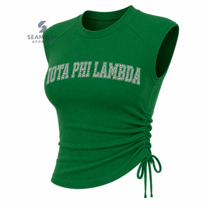 Iota Phi Lambda Sorority Women's Bling Rhinestone Ribbed Tank <b>Top</b> Ruched Side Crew Neck <b>Raglan</b> Cap Sleeve Casual Crop <b>Top</b> - Product Image 2