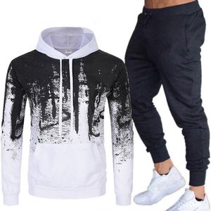 Survêtement à capuche pour homme, blanc et noir, imprimé, manches longues, vêtements décontractés, respirant, polyester, pour l'automne - Product Image 1
