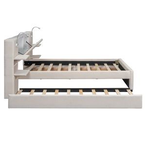 Letto a capanna in velluto beige a grandezza naturale per bambini, con struttura in legno dal design accattivante - Product Image 5