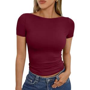 FOXA 2025 Summer Y2K Basic Boat Neck Tops pour femmes Slim Fitted Compression T-shirts à manches courtes en tailles XS S M L XL XXL - Product Image 4