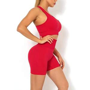 Nouveaux ensembles de vêtements de sport sans couture personnalisés pour femmes, shorts de yoga et leggings froncés, 2 pièces, ensembles de sport à séchage rapide à col en V - Product Image 4