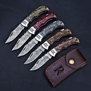 Ensemble de 5 couteaux pliants en acier Damas, manche en bois Pakka, étui en cuir, couteau de poche EDC pour la chasse et le camping, cadeau personnalisé - Product Image 4