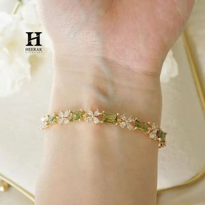 18K Gold Green Gemstone Tennis <b>Bracelet</b> with Floral Diamond Accents – Elegant Womens Jewelry - Product Image 4