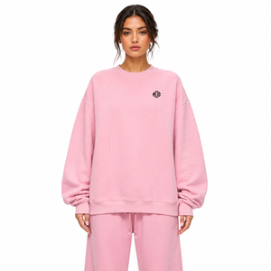 Women's Pink Oversized Sweatshirt Crew Neck Long Sleeve 100% Cotton Casual Pullover Drop Shoulder Autumn Winter Top OEM Supplier - Product Image 3