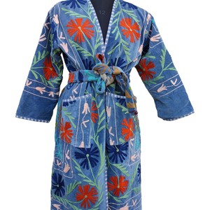 Top Trendy Elegant Suzani <b>Kimono</b> <b>Robe</b> <b>Long</b> Boho Jacket Printed Striped 100% Cotton Breathable V-neck Lightweight Tie Waist - Product Image 2