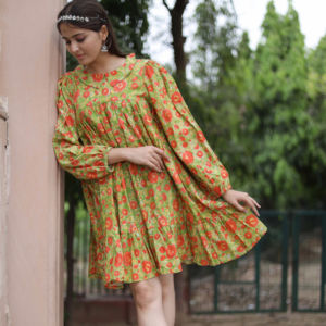 Vestido corto con estampado de bloque de mano indio para mujer, vestido informal de verano de algodón, vestido largo corto de estilo bohemio, tela de cintura Natural - Product Image 1